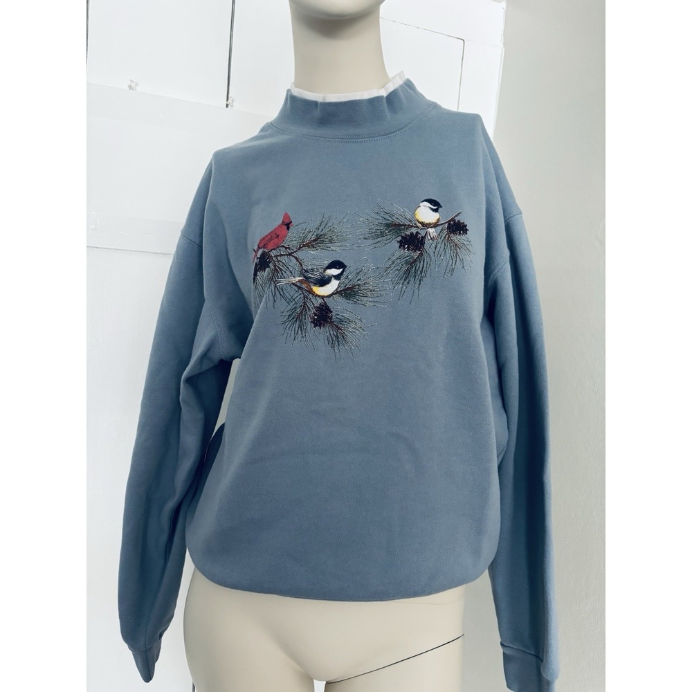 Blue Bird Cardinal Embroidered Sweatshirt  - Grannycore Cottagecore Womens Large